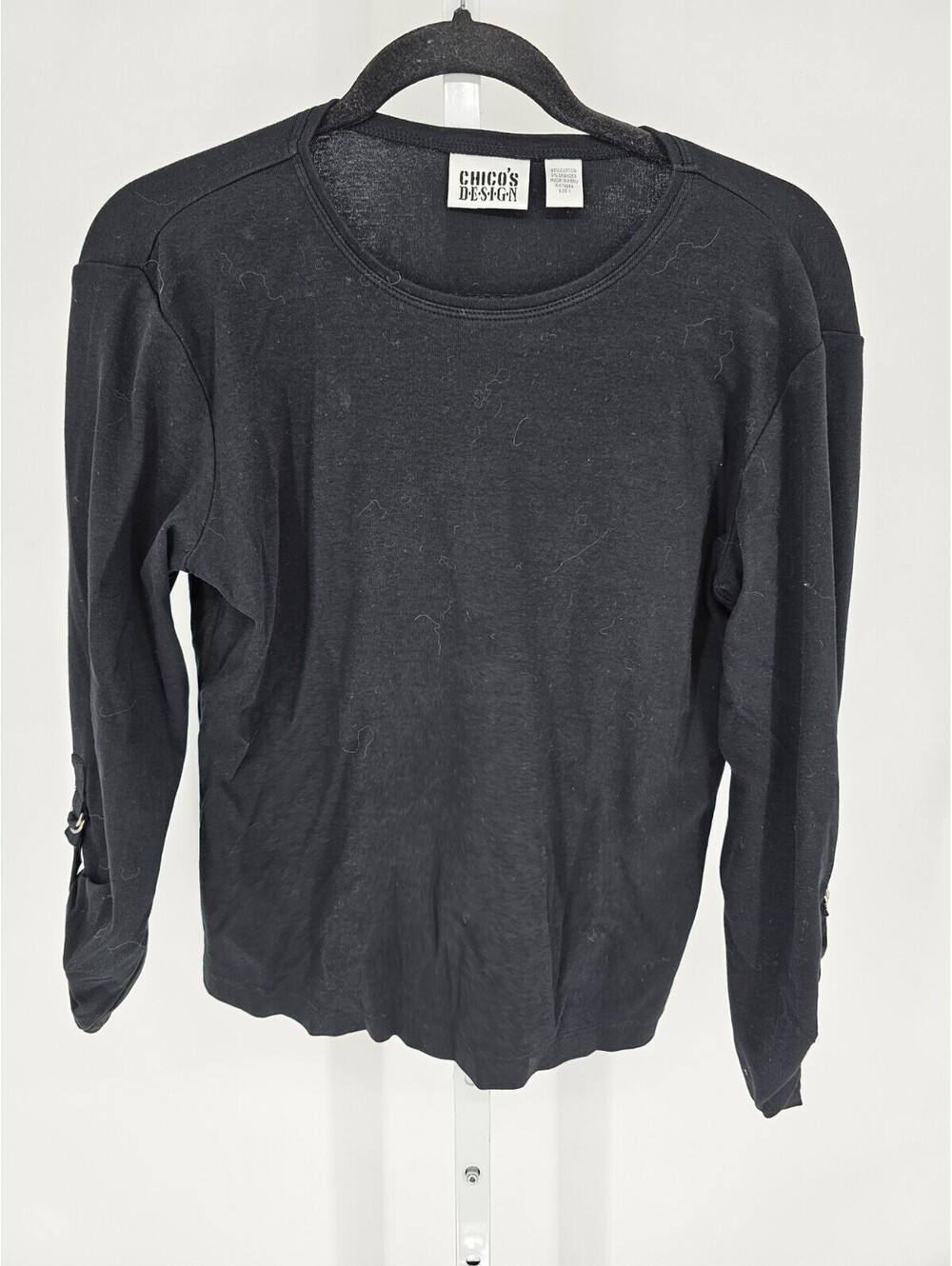 Vintage Chicos Womens Sz 1 (US M) Long Tab Sleeve T Shirt Black Crew Neck Basic